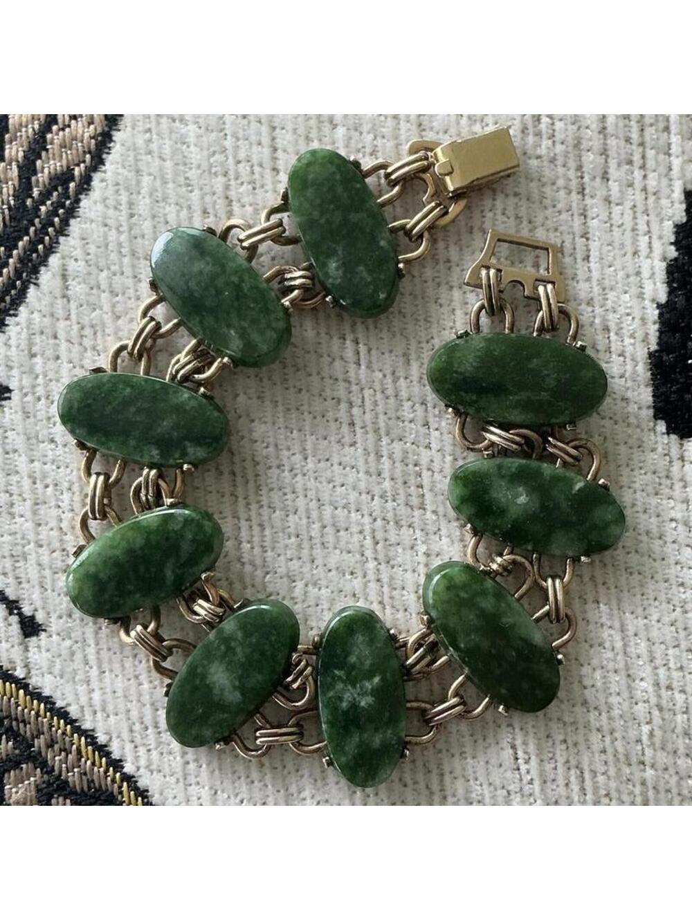Vintage Nephrite Jade Cabochon Link 12K Gold Filled WRE Bracelet